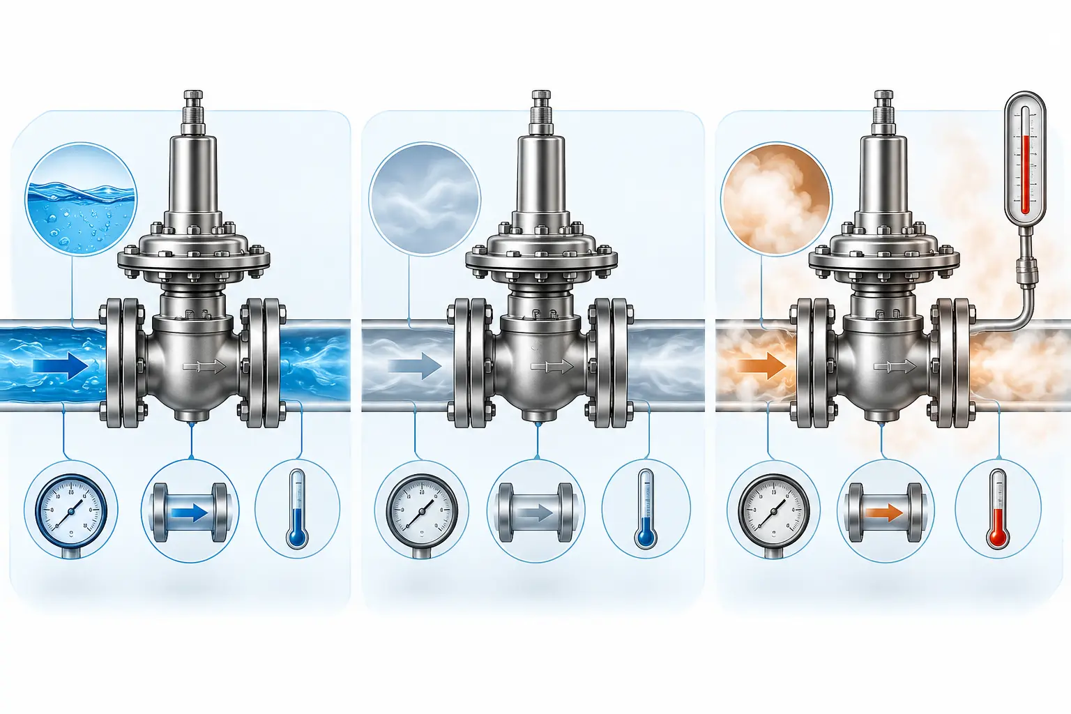 van giảm áp inox cho nước, khí và hơi: dữ liệu cần gửi trước khi chọn Minh họa nước, khí và hơi cùng dữ liệu nhiệt độ