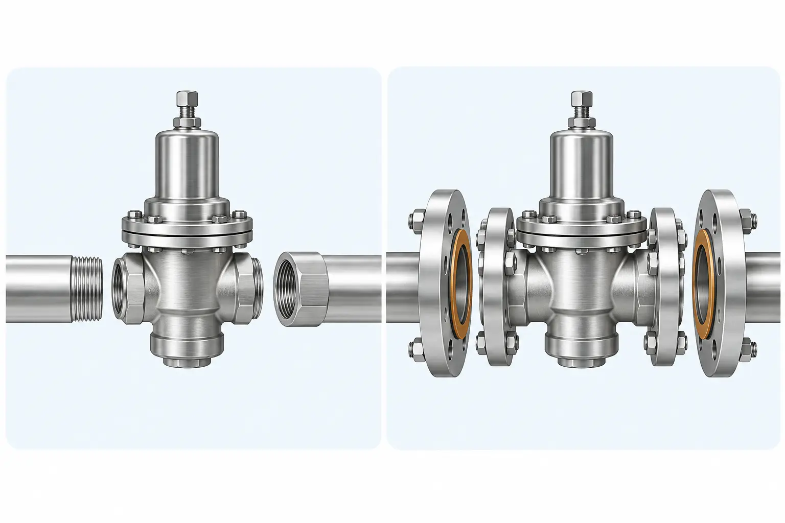 van giảm áp inox nối ren hay mặt bích: cách chọn theo hệ thống So sánh nối ren và nối mặt bích của van giảm áp inox