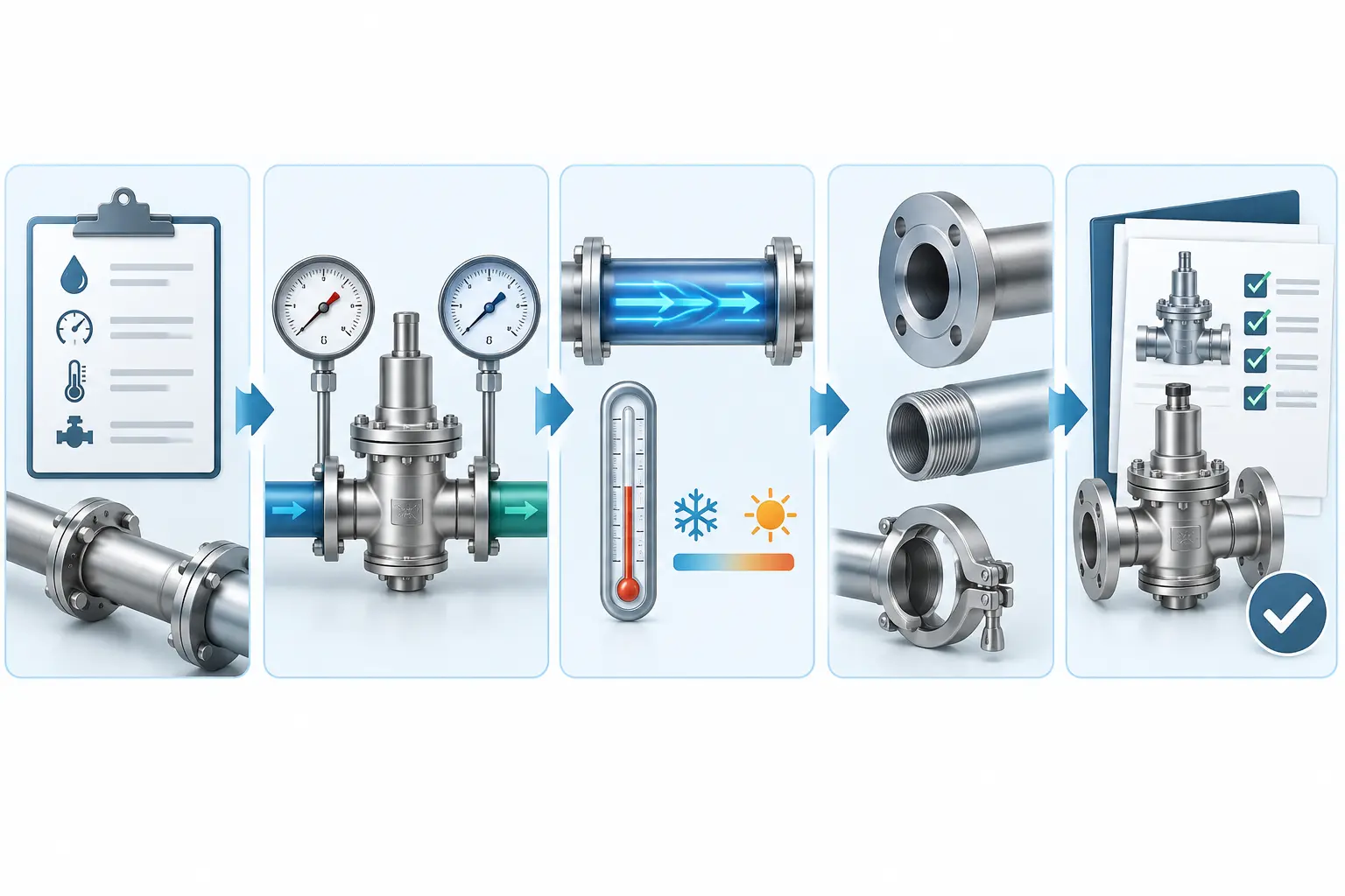van giảm áp inox là gì? cách chọn theo áp suất và kết nối Quy trình chọn van giảm áp inox theo dữ liệu hệ thống
